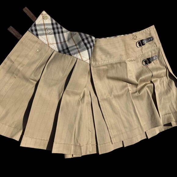 Burberry London Blue Label Tan Pleated Pinstripe Buckle Wrap Skirt Size 36 S M - Picture 6 of 13